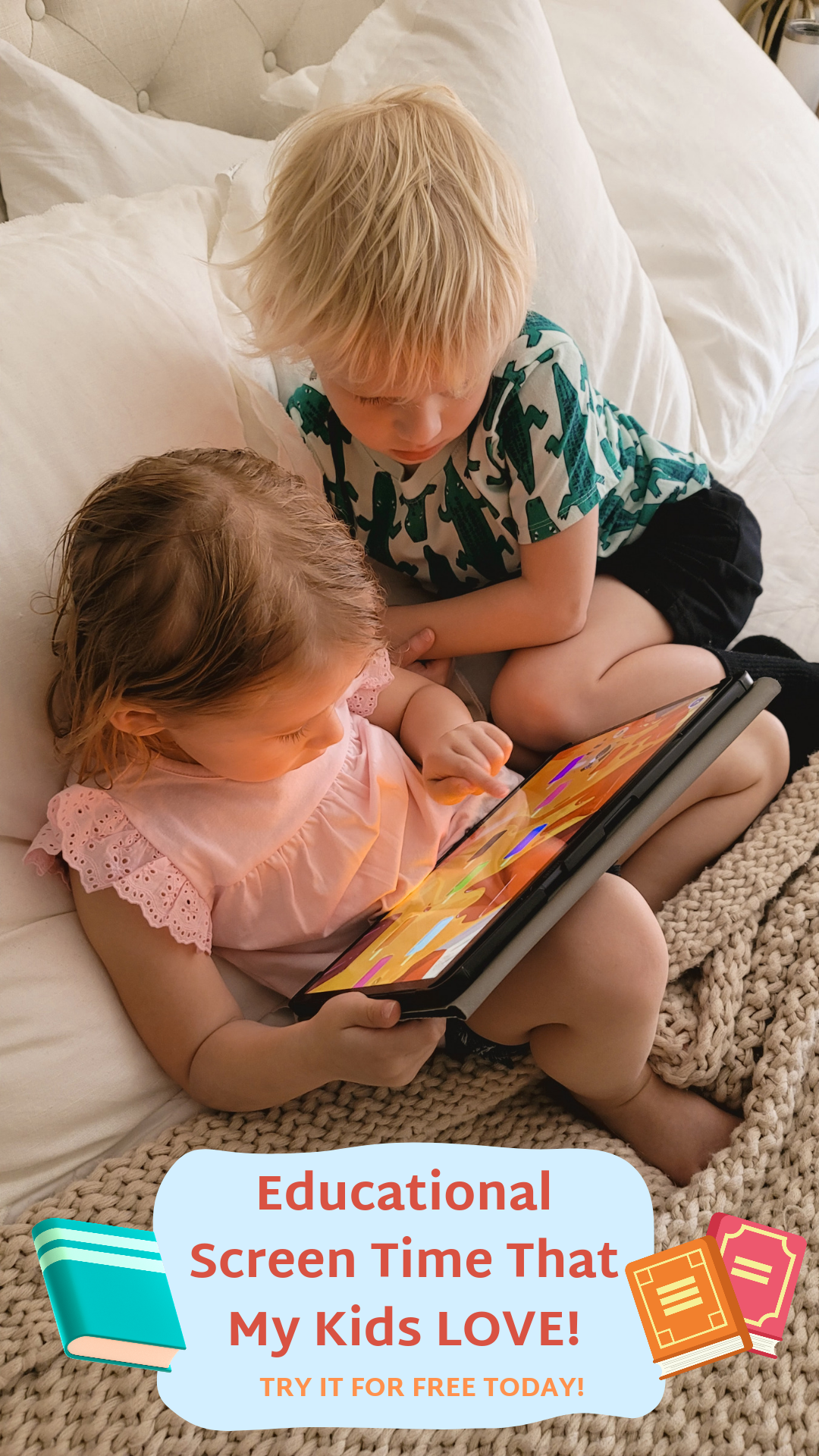 two toddlers looking at learn with HOMER app on tablet