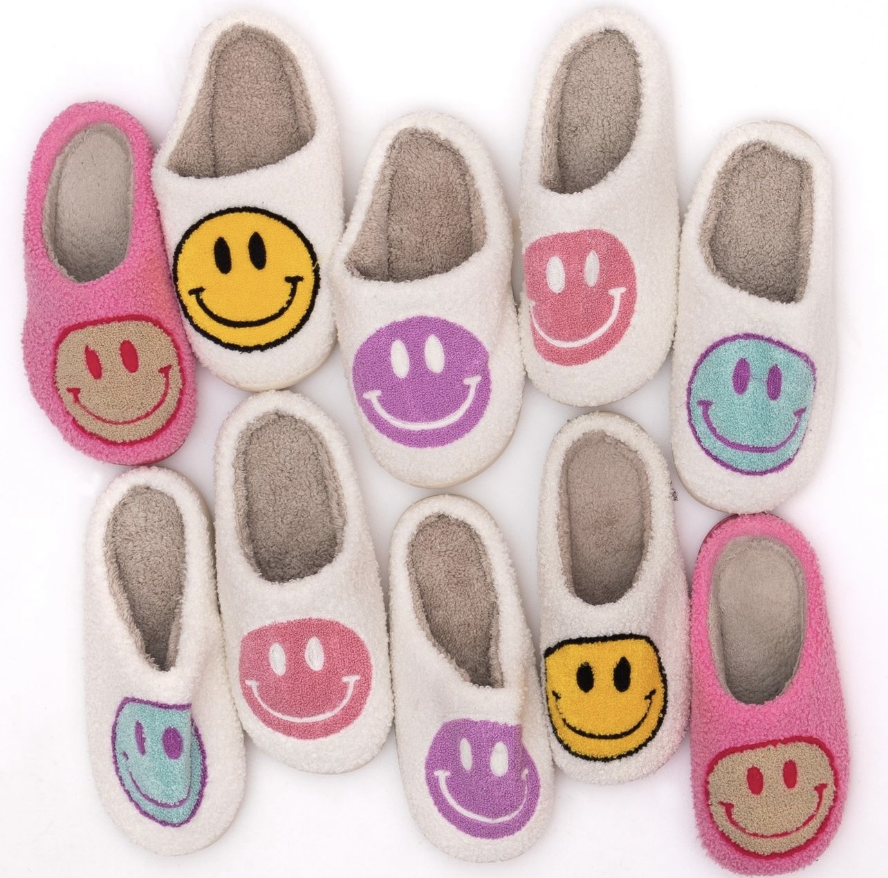 smiley face slippers in various colors pink lily boutique